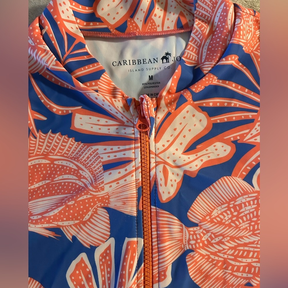 Caribbean Joe 1/4 Zip Swim Shirt Tropical Fish Plants Hawaiian Blue/Coral Sz Med - Picture 2 of 8